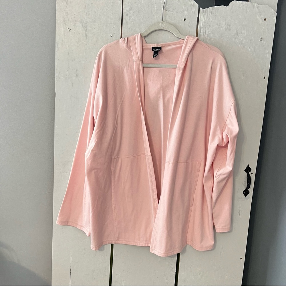 Eileen Fisher Cardigan Open Front With Hoodie Cotton Large Soft Pink
